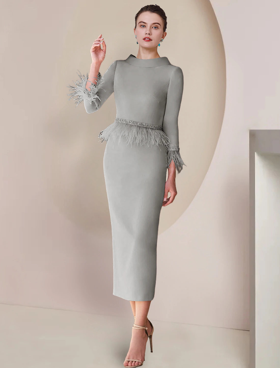 Wholesale  Sheath / Column Mother of the Bride Dress Formal Wedding Guest Party Elegant Scoop Neck Tea Length Satin 3/4 Length Sleeve with Feather Beading